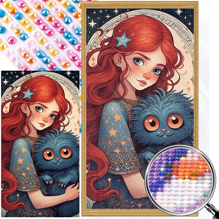 Partial AB Drill - Full Round Diamond Painting - Red-Haired Girl And Little Monster 40*75CM