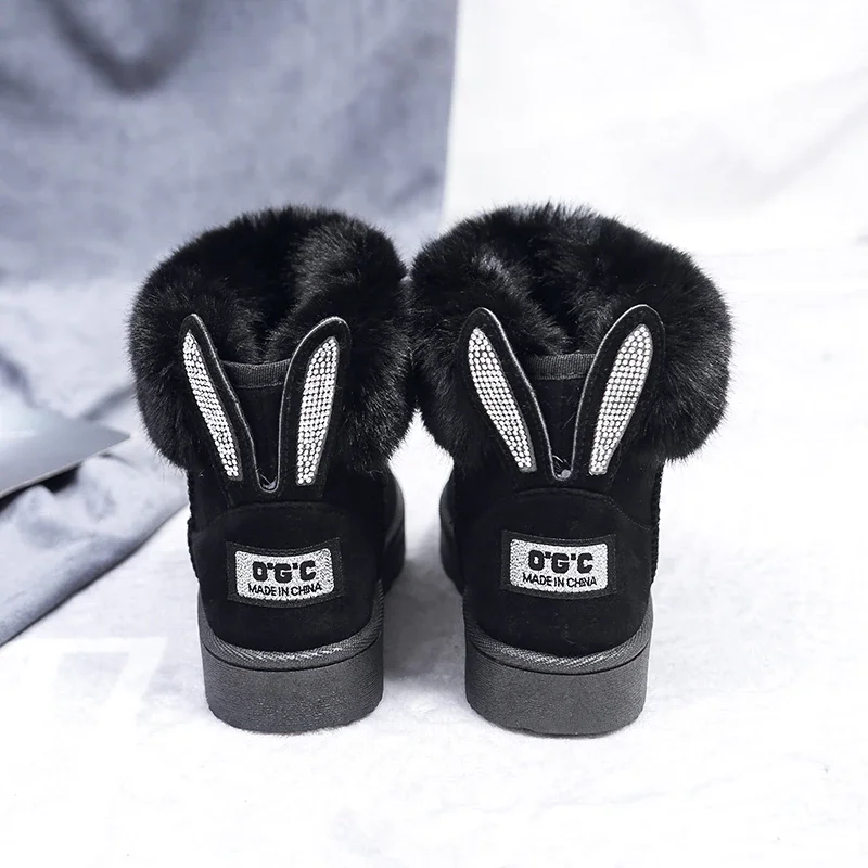 Tanguoant Women Boots Fox Fur Brand Winter Shoes Warm Snow Boots Black Round Toe Casual Female Slip-on Woolen Boot Sweet Flock flats