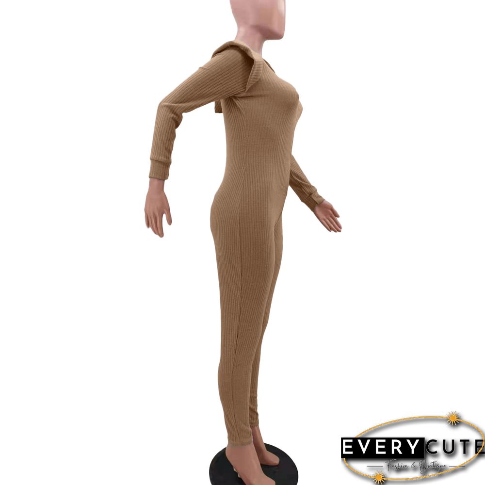 Knitted Long Sleeve Shoulder Padded Hooded Jumpsuit