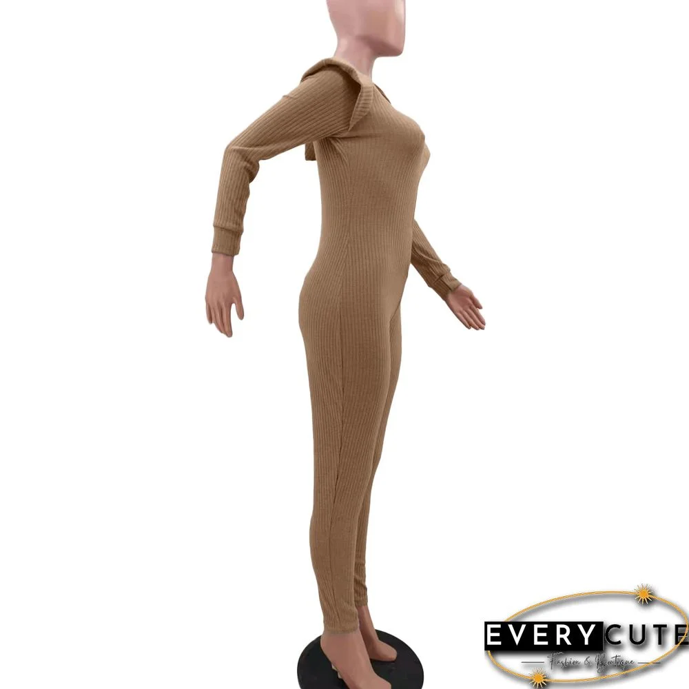 Knitted Long Sleeve Shoulder Padded Hooded Jumpsuit