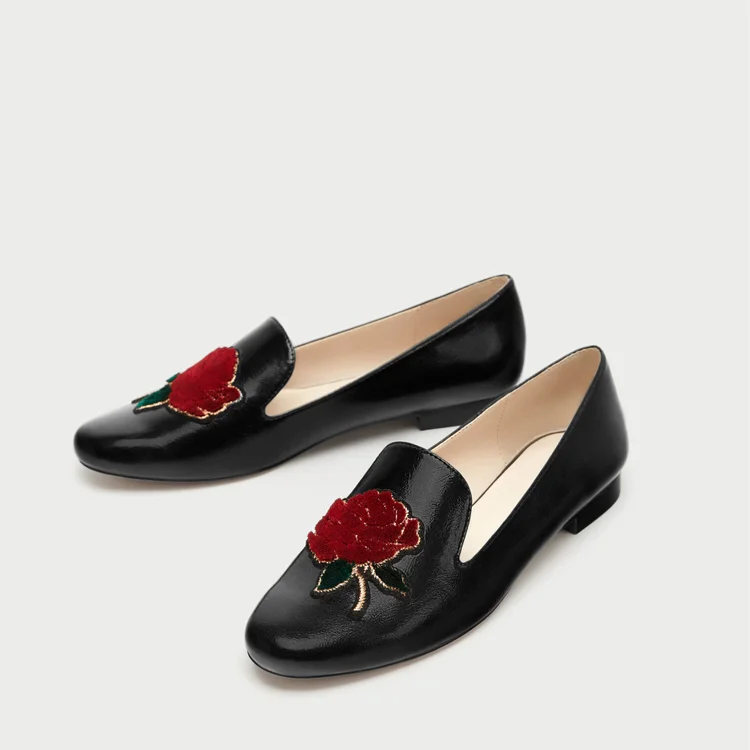 Black Round Toe Flats Embroidery Square Toe Loafers for Women |FSJ Shoes
