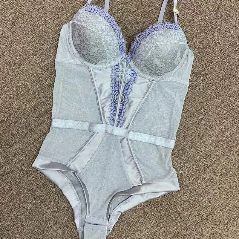 Sexy lingerie one-piece lace see-through bras set temptation to gather large-size body-sculpting bodysuit push up underwear