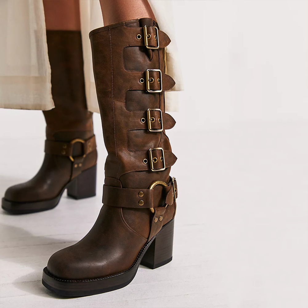 Brown Vegan Leather Closed Toe Platform Mid Calf Boots With Chunky Heels