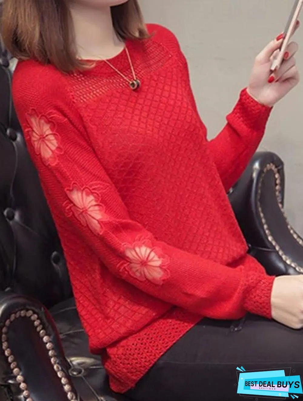 Round Neck Patchwork Elegant Plain Long Sleeve Knit Pullover
