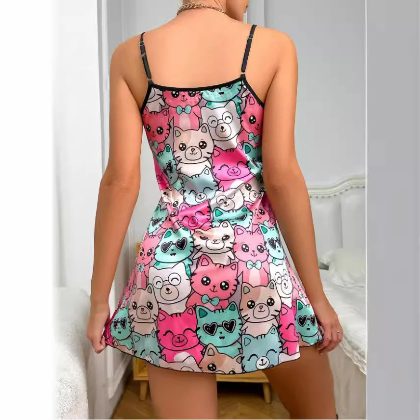 Brownm Bare-Back Ice Silk Halter Skirt Imitation Silk Nightskirt Summer Printed Pajamas Short Skirt Women's Household Clothes