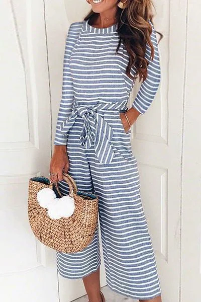 Womens Bohemian Lace-Up Striped One-piece Jumpsuit-Allyzone-Allyzone