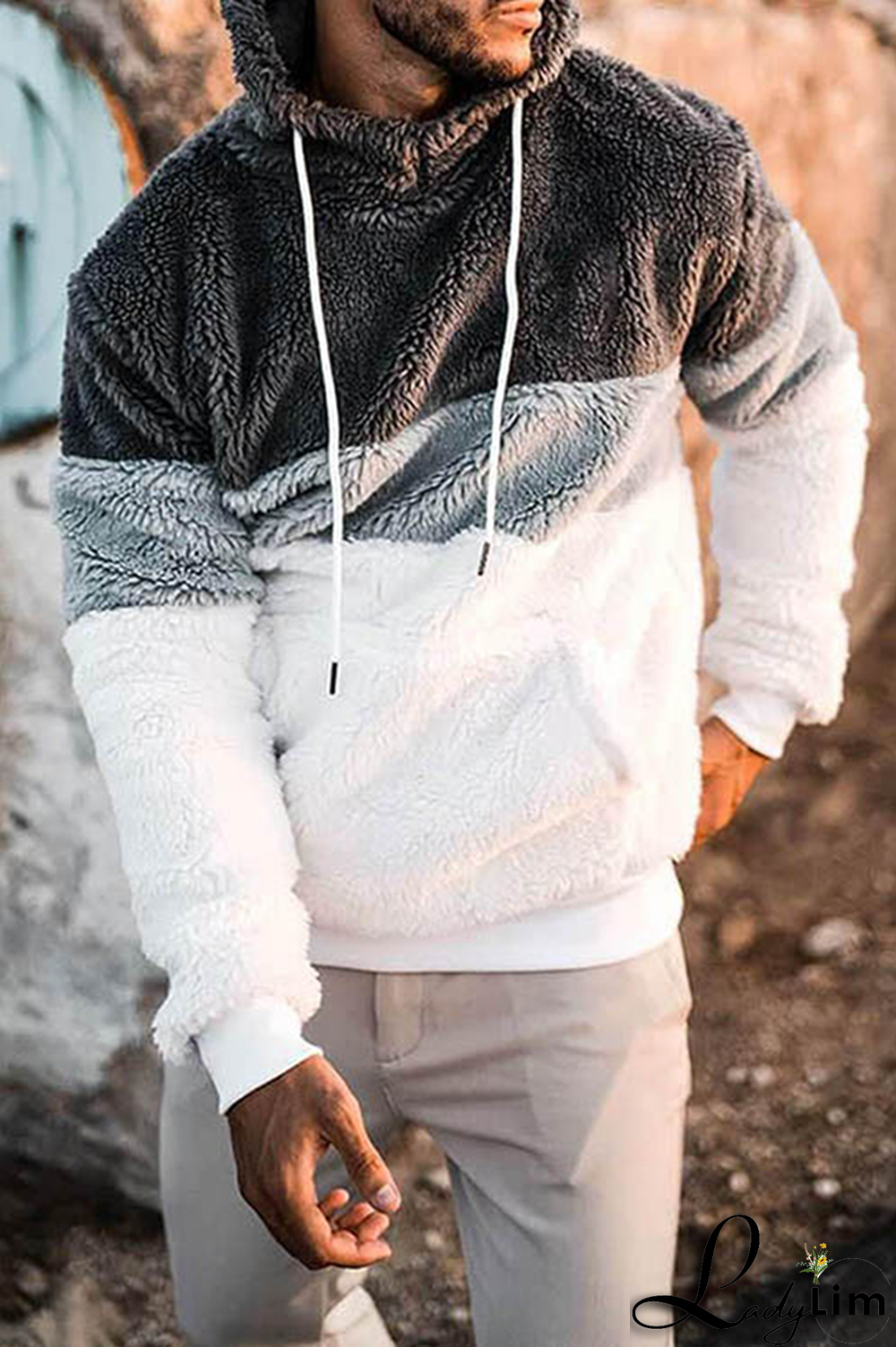 Blue Casual Patchwork Draw String Pocket Contrast Hooded Collar Tops