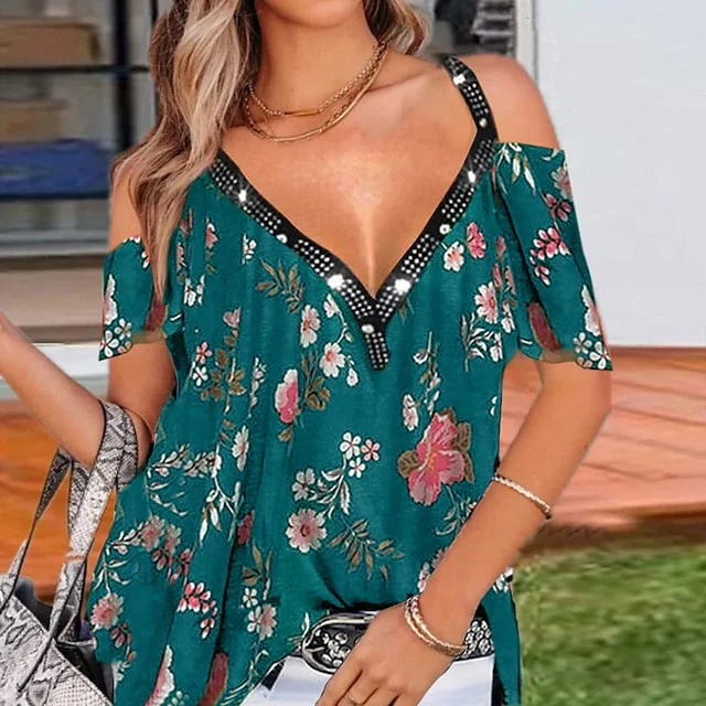 Women's Blouses V-neck Floral Printed Off-the-shoulder Short Sleeve Plus Size Tops