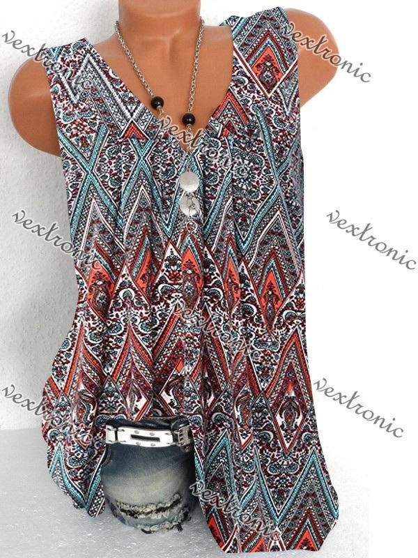 Women Casual Sleeveless V-neck Graphic Printed Tops