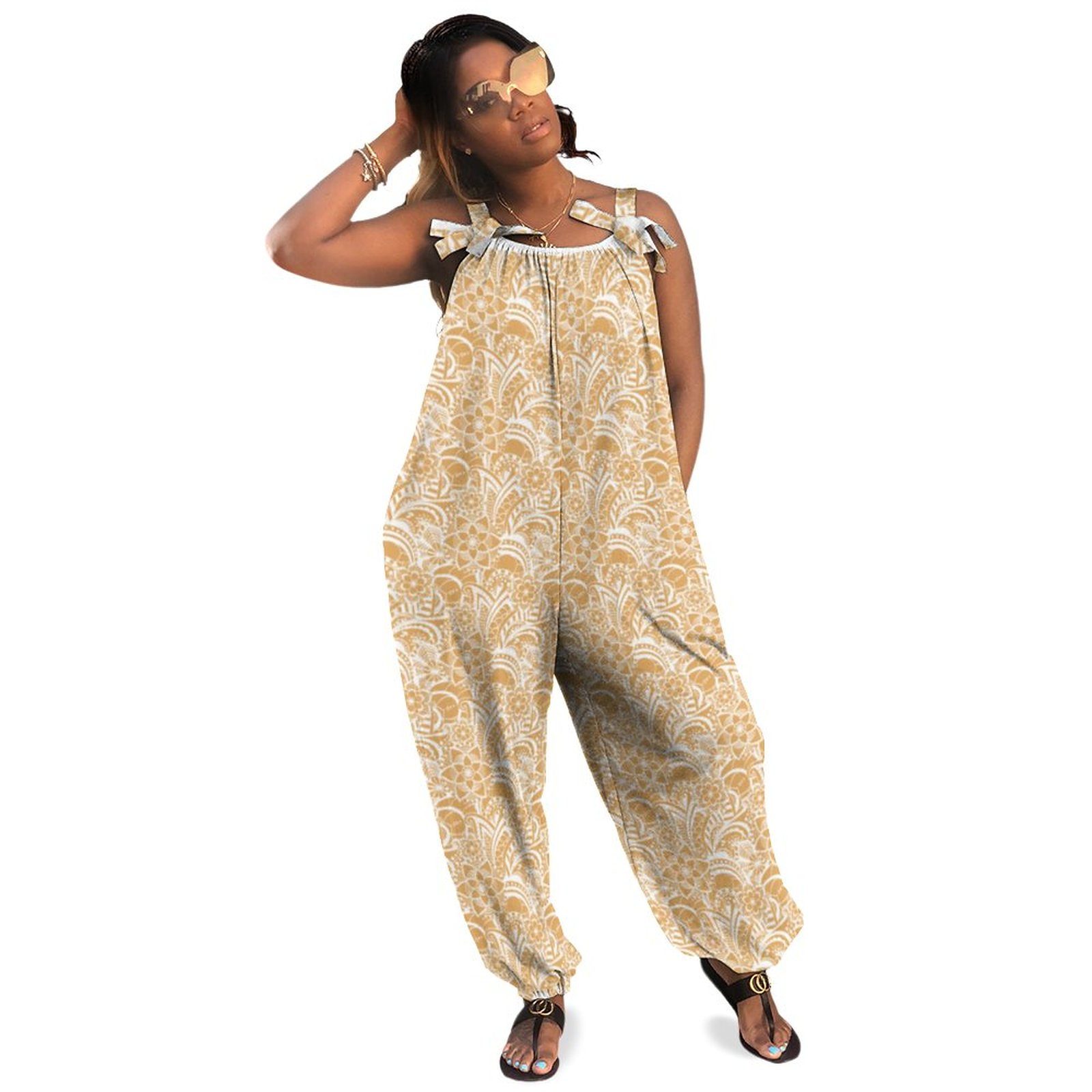 Orange With White Lace Pattern Plus Size Women Rompers Summer Casual Loose Playsuit Jumpsuit Boho Natural Waist Pockets Polyester Spandex