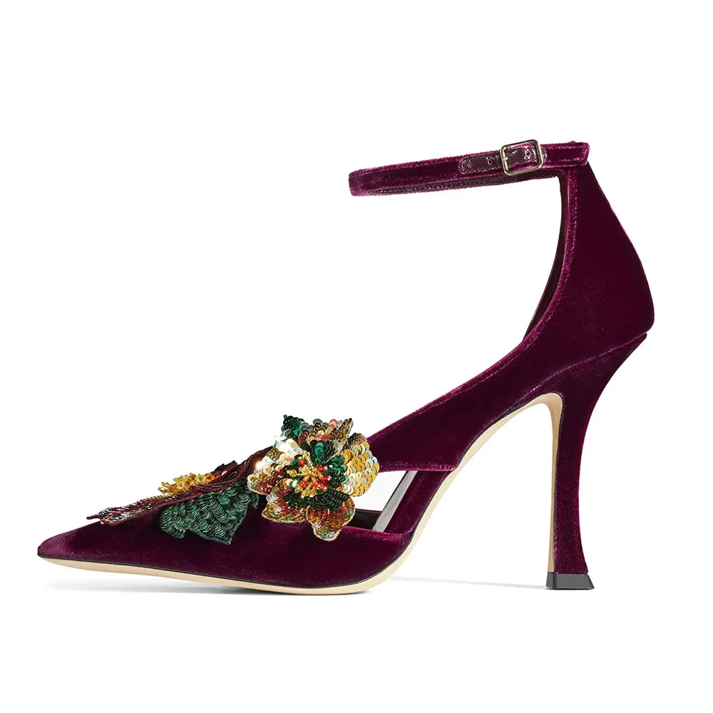 Burgundy Velvet Pointed Toe Sequin Flower Ankle Strap Pumps Shoes