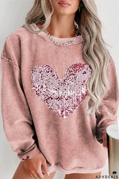 Plus Size Heart Sequin Round Neck Sweatshirt