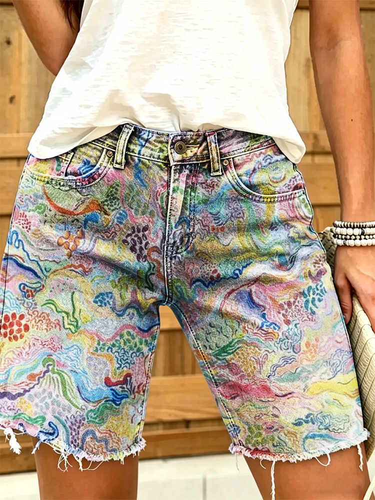 Women's Retro Colorful Art Print Casual Washed Cotton Denim Shorts