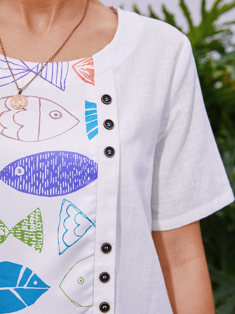 Cartoon Fishes Print Buttons O neck Casual Blouse P1855247