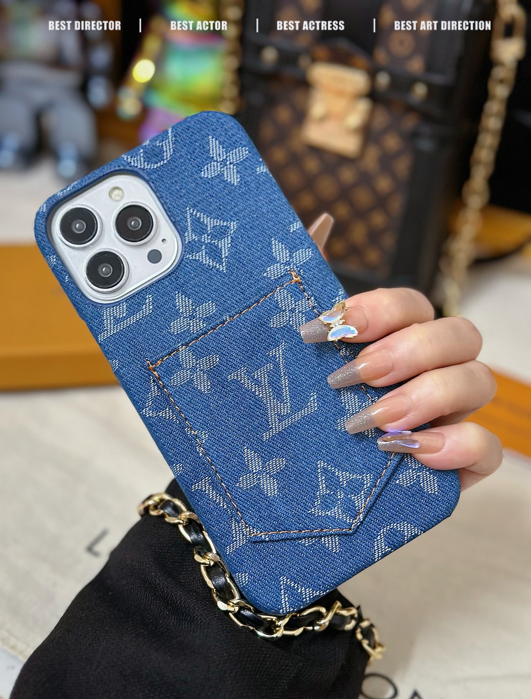 Denim Canvas LV Back Card Slot Apple iPhone Case