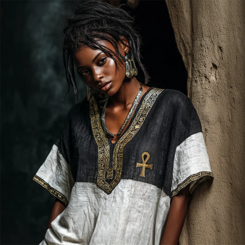 Ankh Ancient Egyptian Embroidered Contrast Linen Tunic