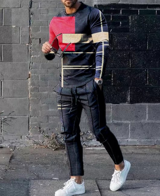 Art Color-block & Striped Retro Sweatshirt & Pants Set
