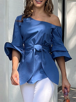 Image of Solid Color Knot Asymmetric Flared Sleeves One-shoulder Blouses&shirts Tops