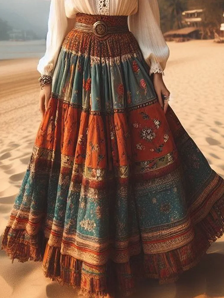 Ursime Floral Pattern Patchwork High-rise Maxi Skirt