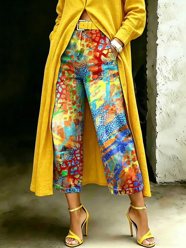 Women's Vintage Multicolor Leopard Art Casual Wide Denim Pants
