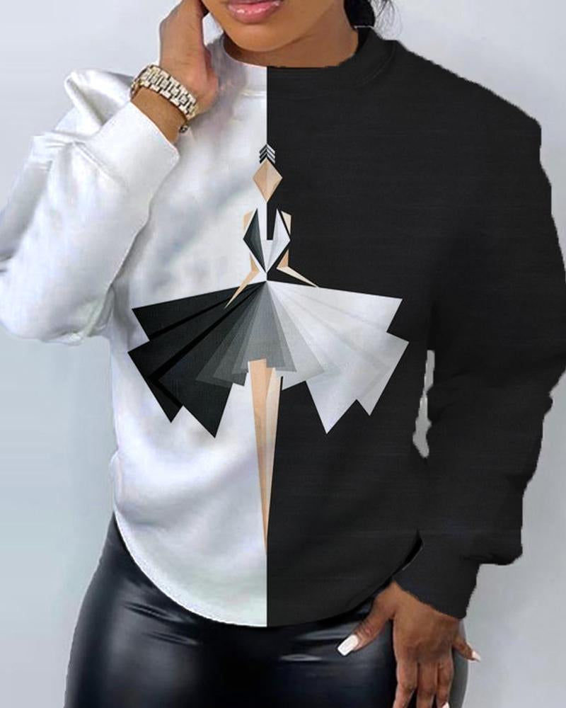 Black and white color block girl's printed long-sleeved crew neck sweatshirt