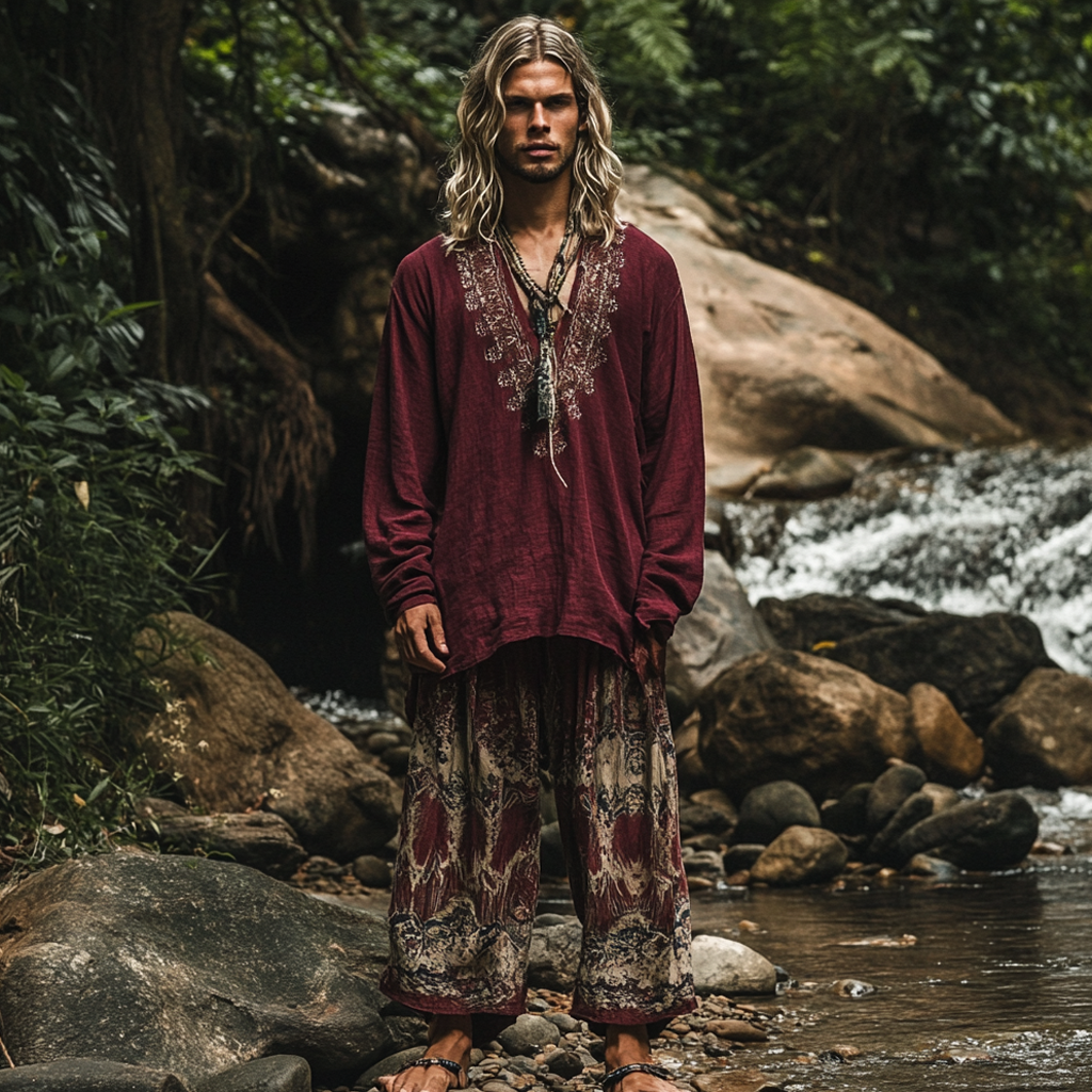 Men's Bohemian Holiday Style Vintage Ethnic Totem Printed Cotton And Linen Casual Tops-inspireuse