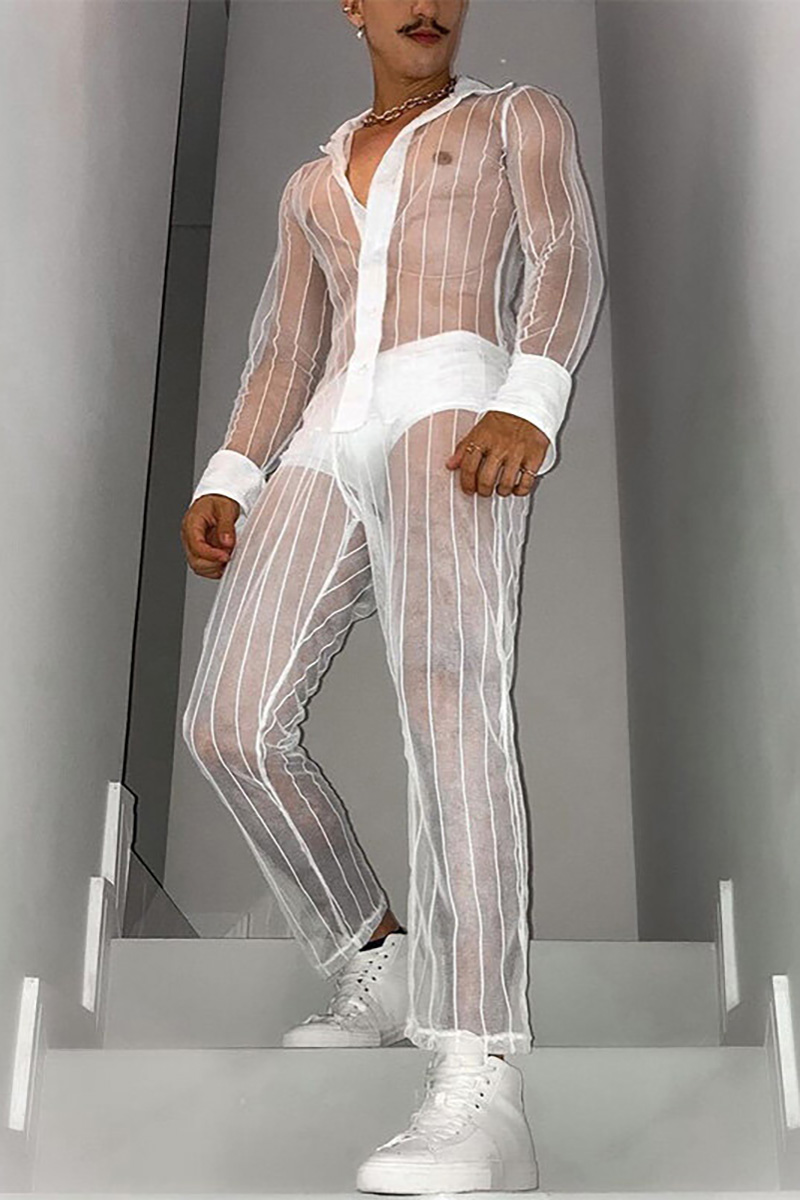 Ciciful Men's White Striped See-Through Long Sleeve Two Piece Set