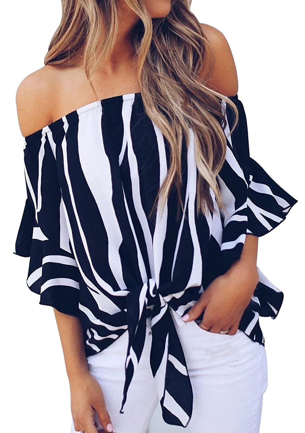 Womens Vertical Stripes Off Shoulder Tie Knot Casual Chiffon Blouse Tops