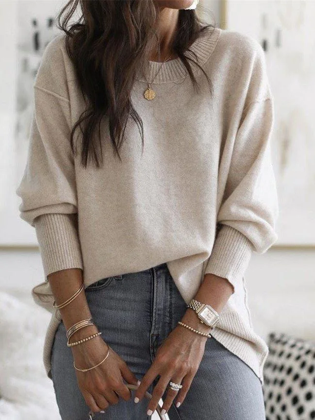 Long Sleeve Solid Cotton-Blend Sweater | EGEMISS