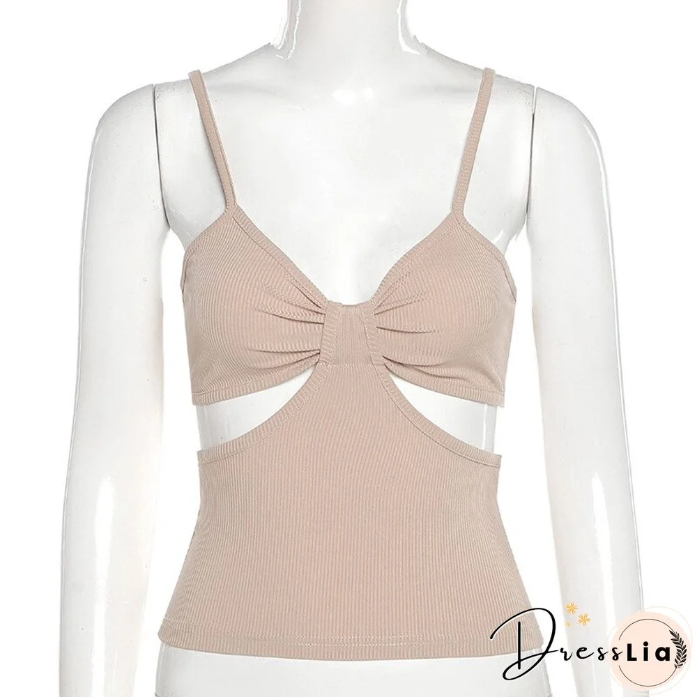 Fashion Sexy Hollow Out V Neck Solid Rib Knit Female Camisole New Summer Casual Slim Stretch Basic Wild Women Crop Top