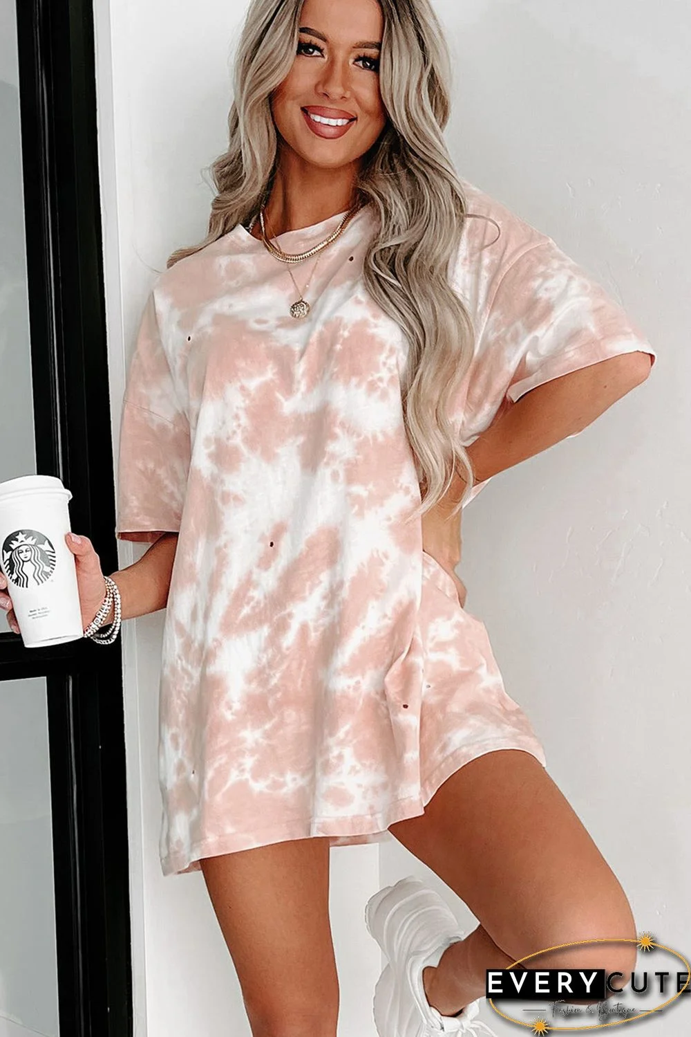Pink Tie-dye Round Neck Short Sleeve Top