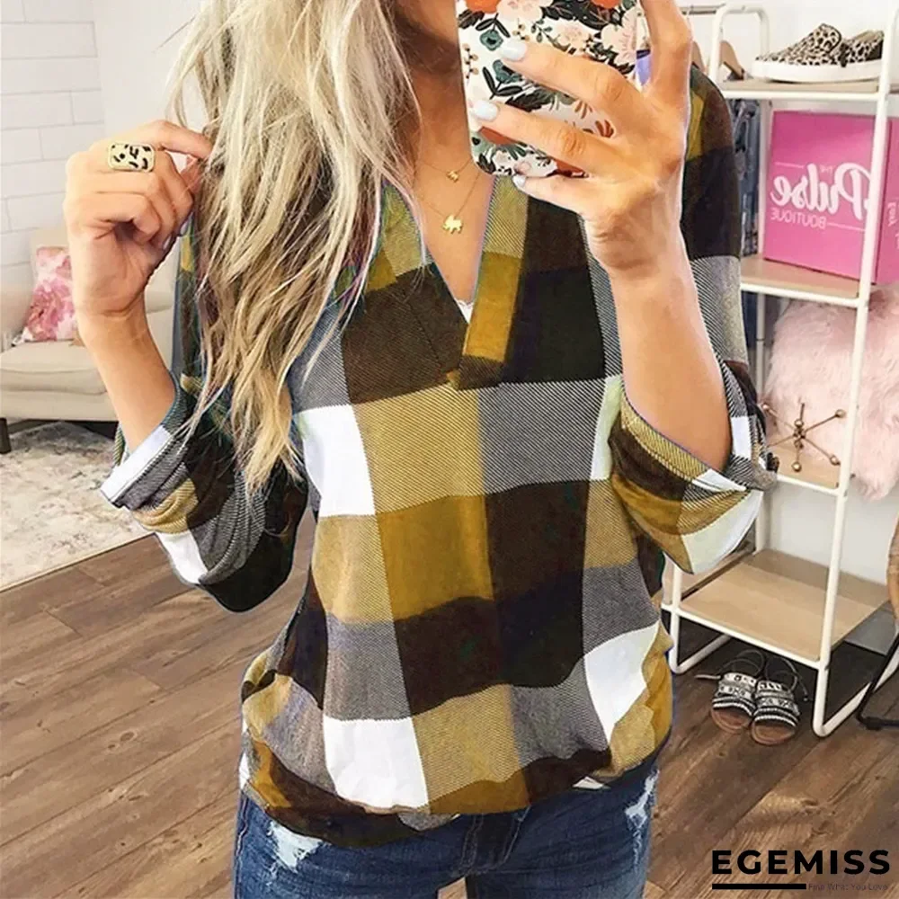 Best Selling Spring and Autumn Shirt Plaid Printed V-Neck Long Sleeve T-shirt | EGEMISS
