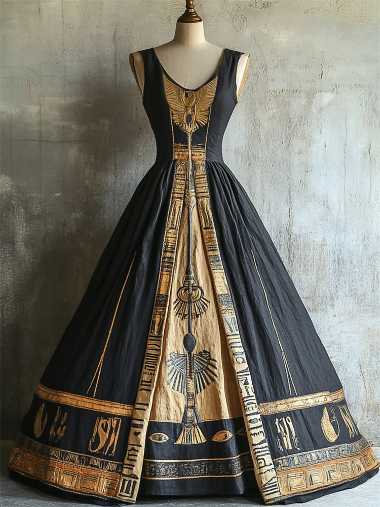 Wings Of Horus Ancient Egyptian Vintage Linen Maxi Dress