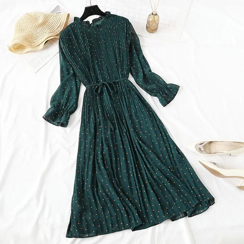 2020 Elegant Women Print Chiffon Dress Long sleeve Lotus leaf collar Pleated Dress Female Casual Midi Dresses vestidos mujer