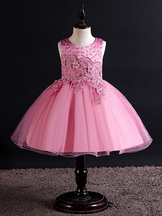 Oknass Ball Gown Sleeveless Jewel Neck Flower Girl Dress Tulle With Bow Beading Appliques