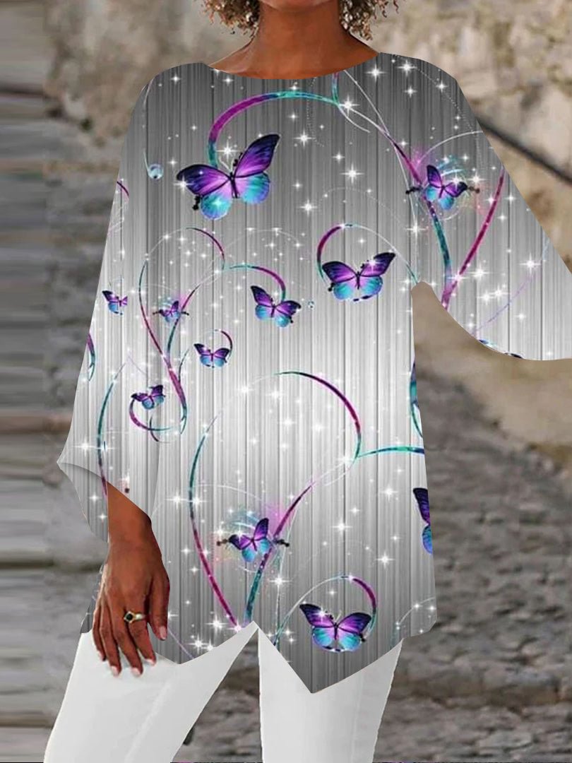 Women Asymmetrical 3/4 Sleeve Scoop Neck Butterfly Print Gradient Tops