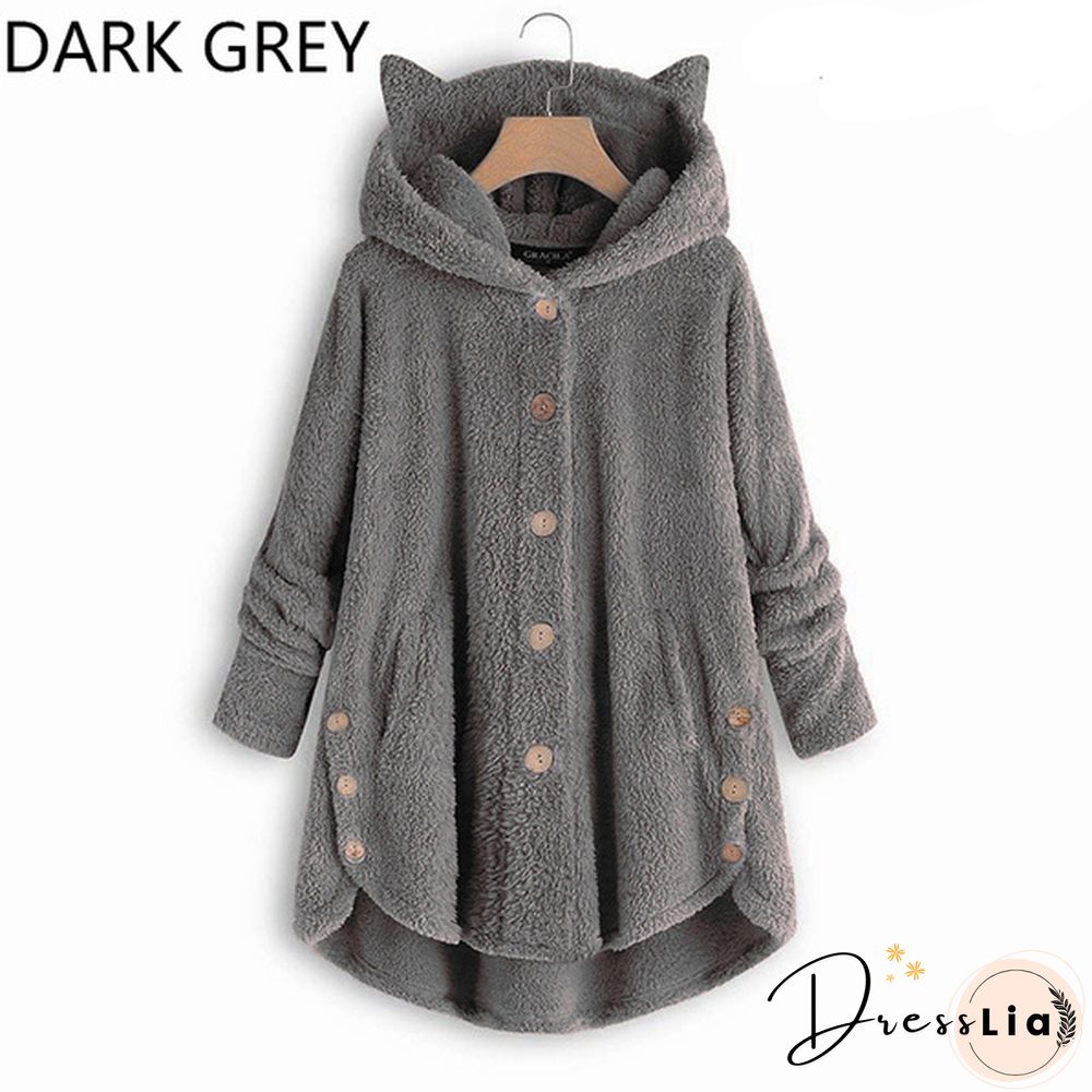 Fashion Women Coats Autumn Winter Outwear Tops Solid Color Plush Loose Cute Cat Ears Warm Fur Cardigan Coat with Pocket Plus Size S-5XL