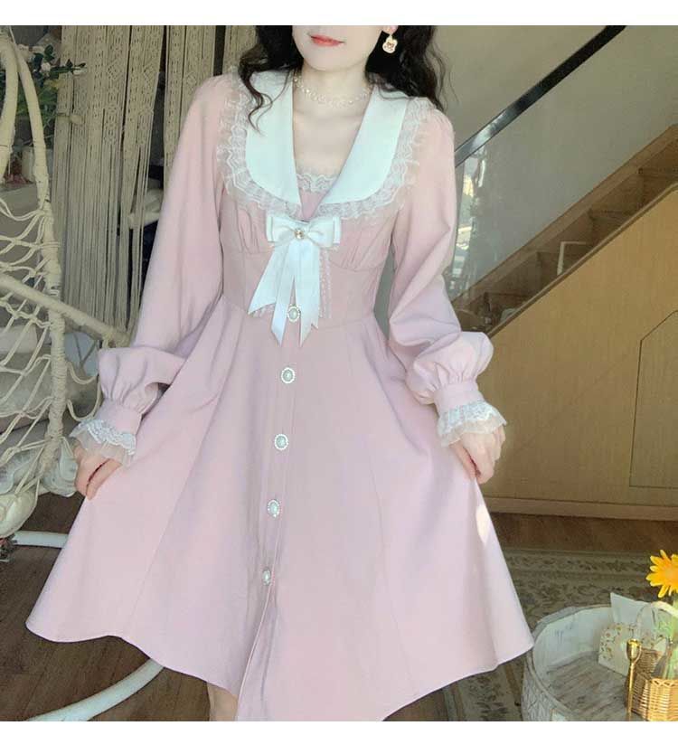 LANFUBEISI Blue Women Dress Elegant Long Sleeve Autumn Midi Dresses Kawaii Sailor Collar Preppy Style Vintage Patchwork Female Robe LANFUBEISI