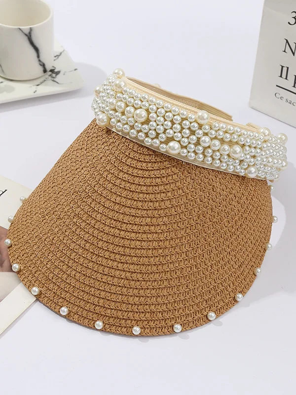 Thin Fashion Pearl Sunshade Topless Straw Hat 