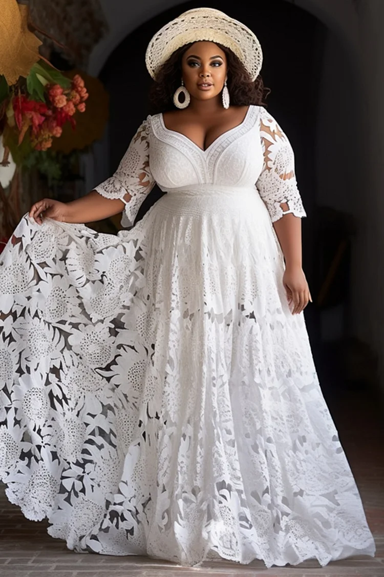 Xpluswear Design Plus Size Wedding White V Neck Half Sleeve See Through Lace Maxi Dresses [Pre-Order] 2024 - Xpluswear