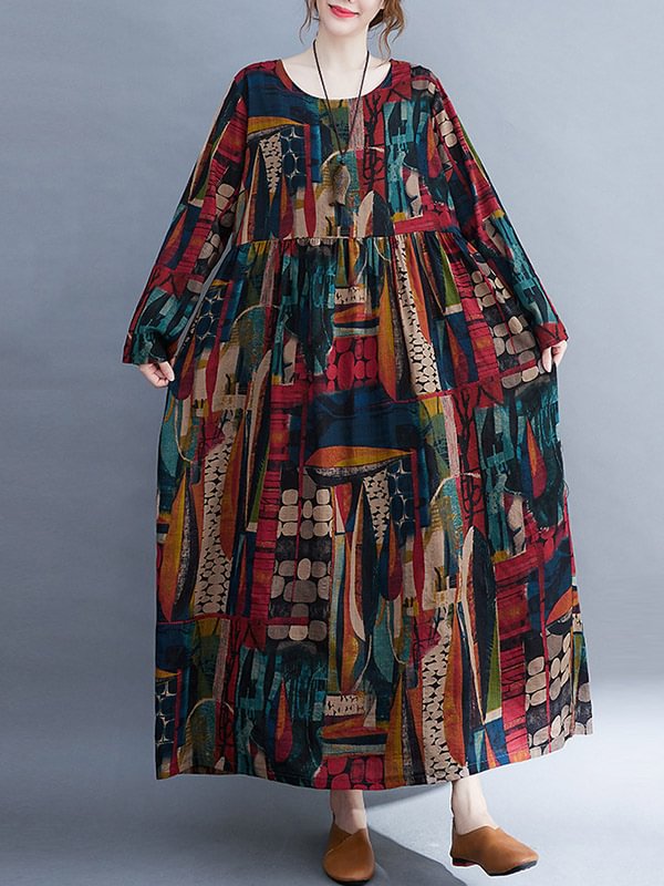 Vintage Contrast Color Printed Long Sleeves Maxi Dress