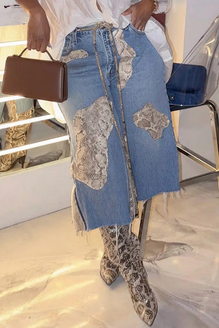 Plus Size Party Light Blue Animal Contrast Pocket Denim Shorts [Pre-Order] 2024 - Xpluswear
