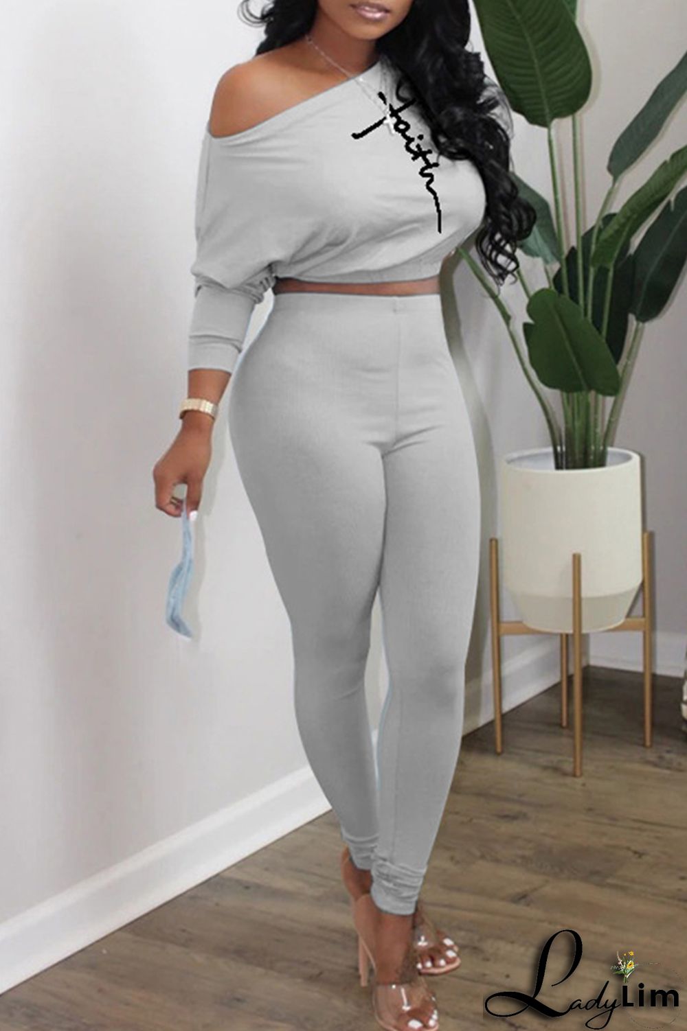 Cyan Fashion Casual Print Basic Oblique Collar Long Sleeve Two Pieces