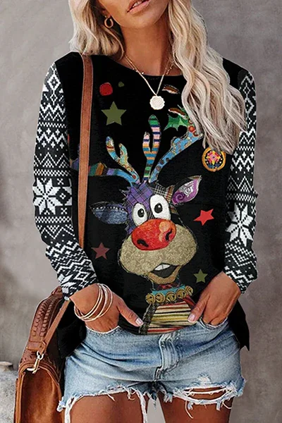 Casual Street Character Snowflakes Christmas Tree Printed Basic O Neck Tops