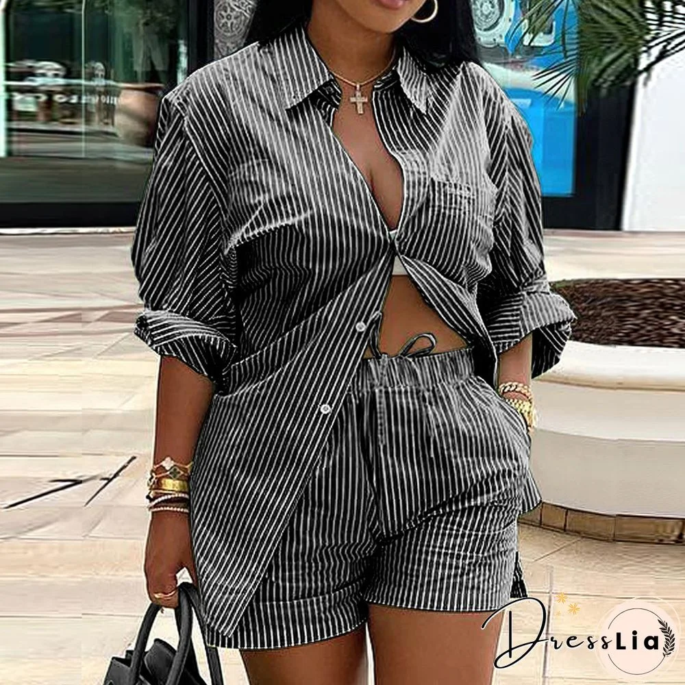 Striped Loose Long Sleeve Shirts Two Piece Shorts Set