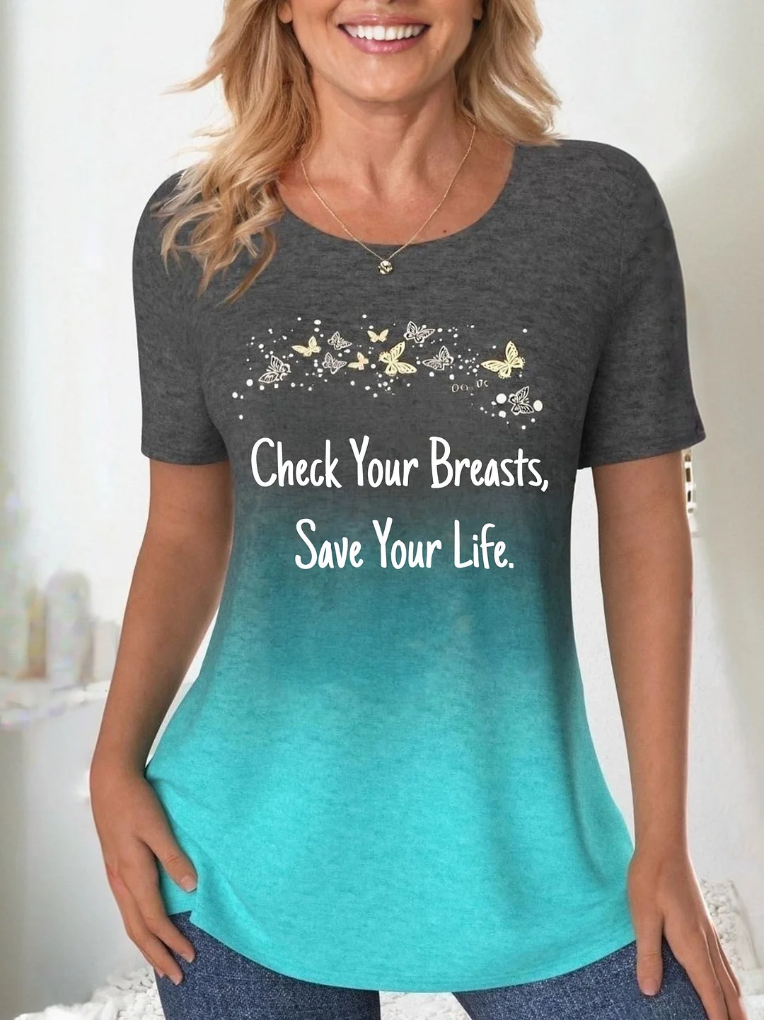 Women Gradient Short Sleeve Round-neck Black and Blue T-shirt Printed With  Check Your Breasts, Save Your Life.