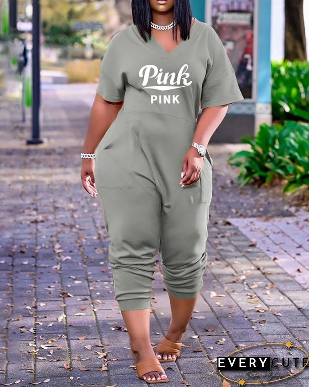 Letter Print V-Neck Short Sleeve Pocket Design Jumpsuit