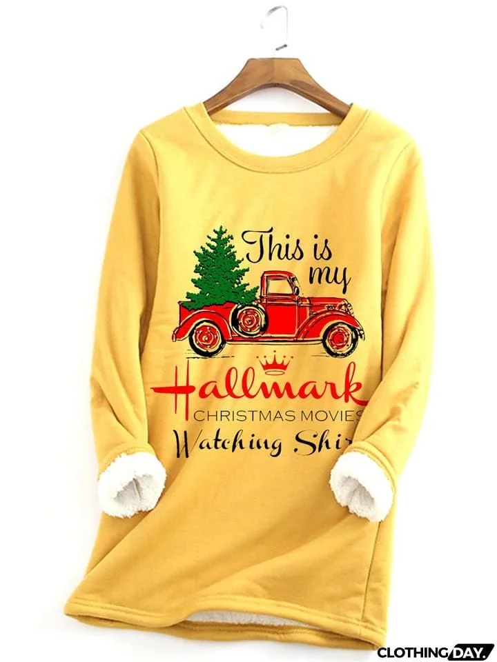 Warm Thick Faux Fleece Lining Christmas Car Print Sweatshirt