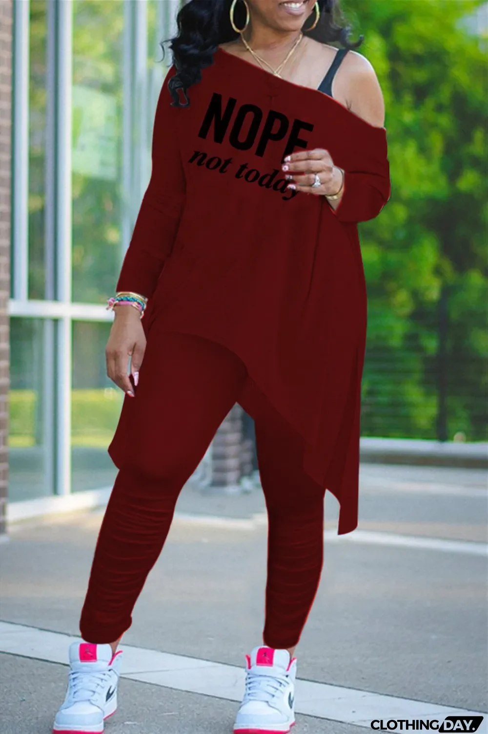 Plus Size Letter Print Long Sleeve Two Piece Pants Set