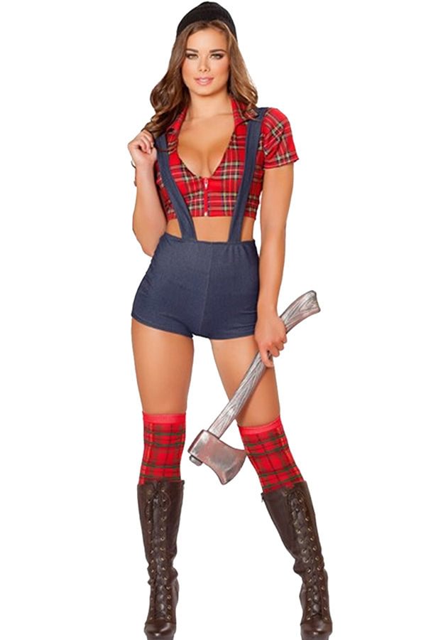 Womens Sexy Halloween Chop Down Female Lumberjack Costume Red-elleschic